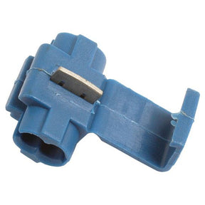 A Scotchlock Terminal - S.8983 by Sparex, featuring a small blue plastic body, hinged cover, and metal interior component for splicing wires, suitable for various cable cross sections.
