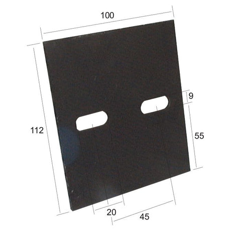 The Sparex Scraper Plate 112x100x3mm, part number S.78157, is a rectangular black metal plate featuring two horizontal slots in the middle. The dimensions are marked on the top, sides, and around the slots: it has a width of 100mm and a height of 112mm. The slots have a height of 9mm, with spacing between hole centers measuring 55mm and 45mm respectively.