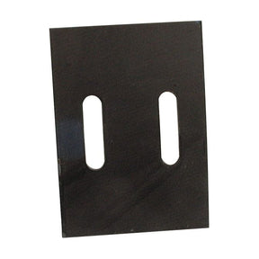 A rectangular black metal Scraper Plate (125x90x3mm) by Sparex, featuring two vertical, oval-shaped slots with precise hole centers. Designed to fit as C648921 (Sparex Part No. S.78076).