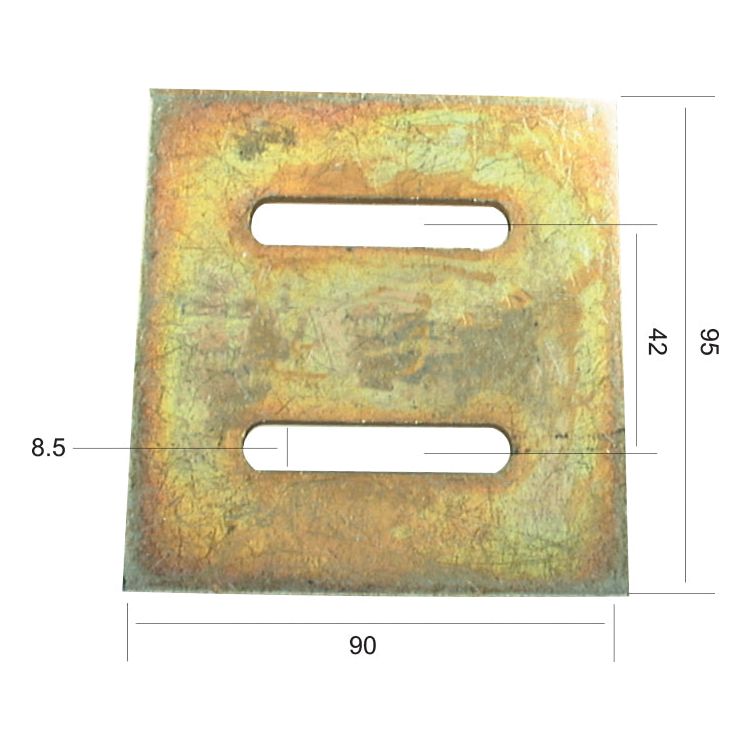 A rusted metal plate with two elongated slots, labeled: Scraper Plate 95x90x4mm with slot dimensions of 8.5x42mm, fitting as 27100539. This sturdy component is compatible with Maschio machinery and is available through Sparex outlets under Part No.S.77289.
