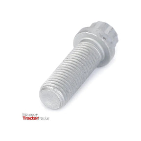 Close-up of an AGCO Massey Ferguson screw with a 12 points flange head (model 3014329X1), featuring a threaded shaft and displayed against a white background with the MF Dyna-6 logo in the lower left corner. Fits Massey Ferguson models.