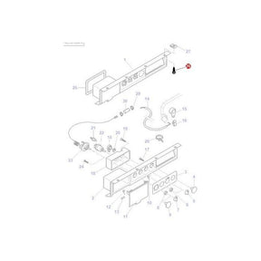 Exploded view of an electrical component assembly with numbered parts and connectors, featuring specialized tractor parts like the Massey Ferguson - Screw Control Panel - 3816075M1 from AGCO.