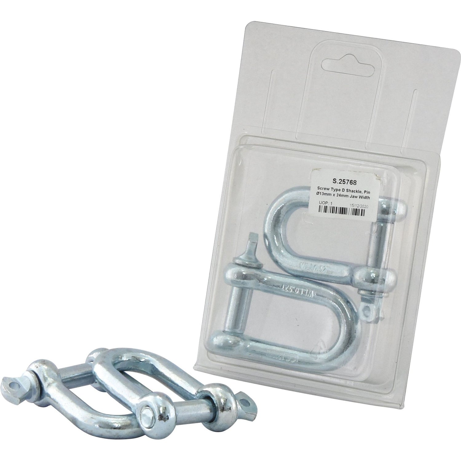 Image of two Sparex S.25768 Screw Type D Shackles (Pin Ø12mm x 24mm Jaw Width) in a transparent plastic package, with another two shackles placed in front of the package.