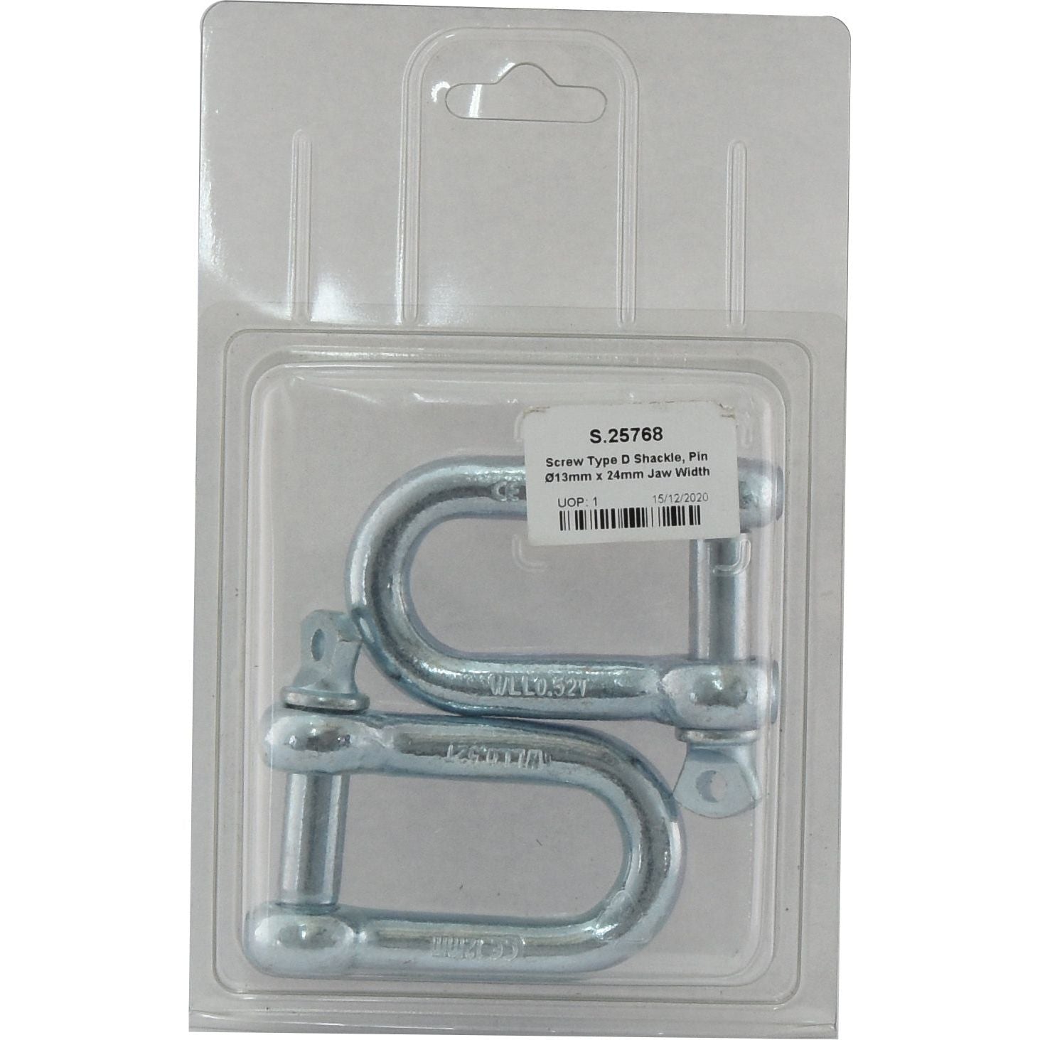 A packaged set of two Sparex screw type D shackles, made of Galvanized Mild Steel, featuring a 12mm pin diameter and a 24mm jaw width, labeled with item number S.25768.