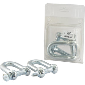Two Screw Type D Shackles made of robust Galvanised Mild Steel are displayed. One shackle is out of its packaging, showcasing its 16mm pin and 30mm jaw width, while the other remains inside a plastic package labeled Sparex Part No. S.25769 from the brand Sparex.