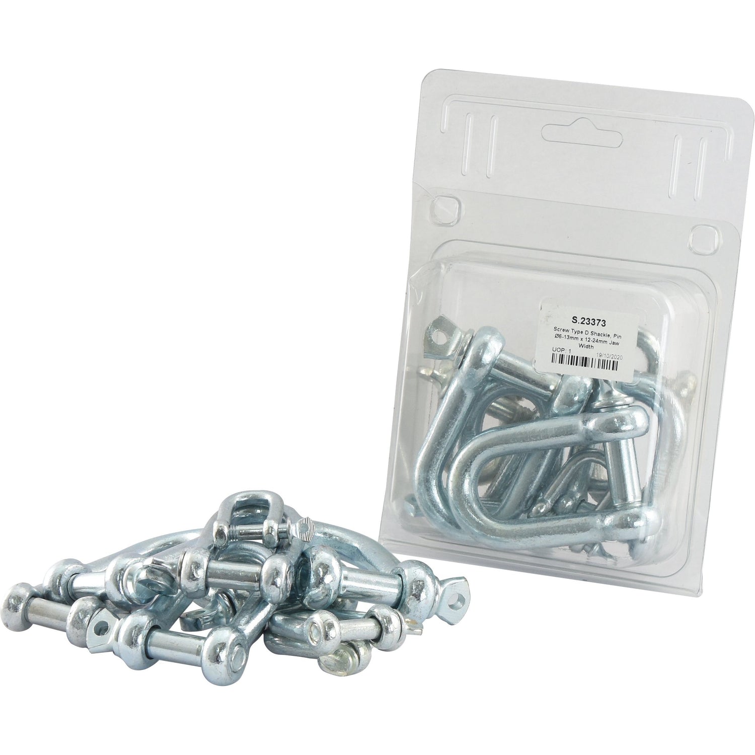 A pile of large, galvanized Screw Type D Shackles with nuts next to a packaged set of Sparex Screw Type D Shackles in a clear plastic case, each with Pin Ø6-13mm x 12-24mm jaw width (10 pcs. Agripak) - Sparex Part No.S.23373.
