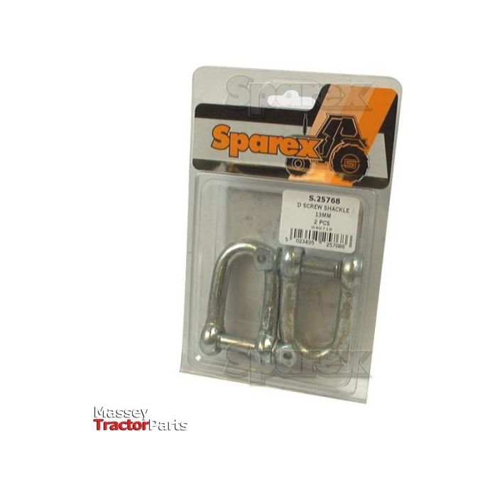 A package containing two Screw Type D Shackles with a pin diameter of 12mm and a jaw width of 24mm, product number S.25768, displayed in clear plastic packaging. These high-quality shackles are crafted from Galvanised Mild Steel and are part of the trusted Agripak range by Sparex.