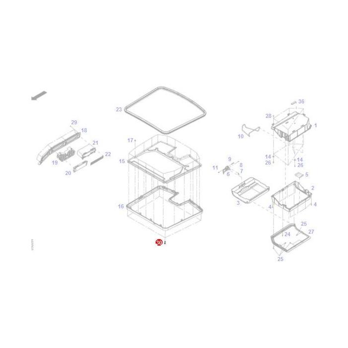 Exploded diagram of the appliance showcasing various components, such as handles, screws, springs, and casing parts—the Fendt - Screw - X463320600000 by AGCO features each element labeled with a number. Arrows clearly indicate the assembly directions.