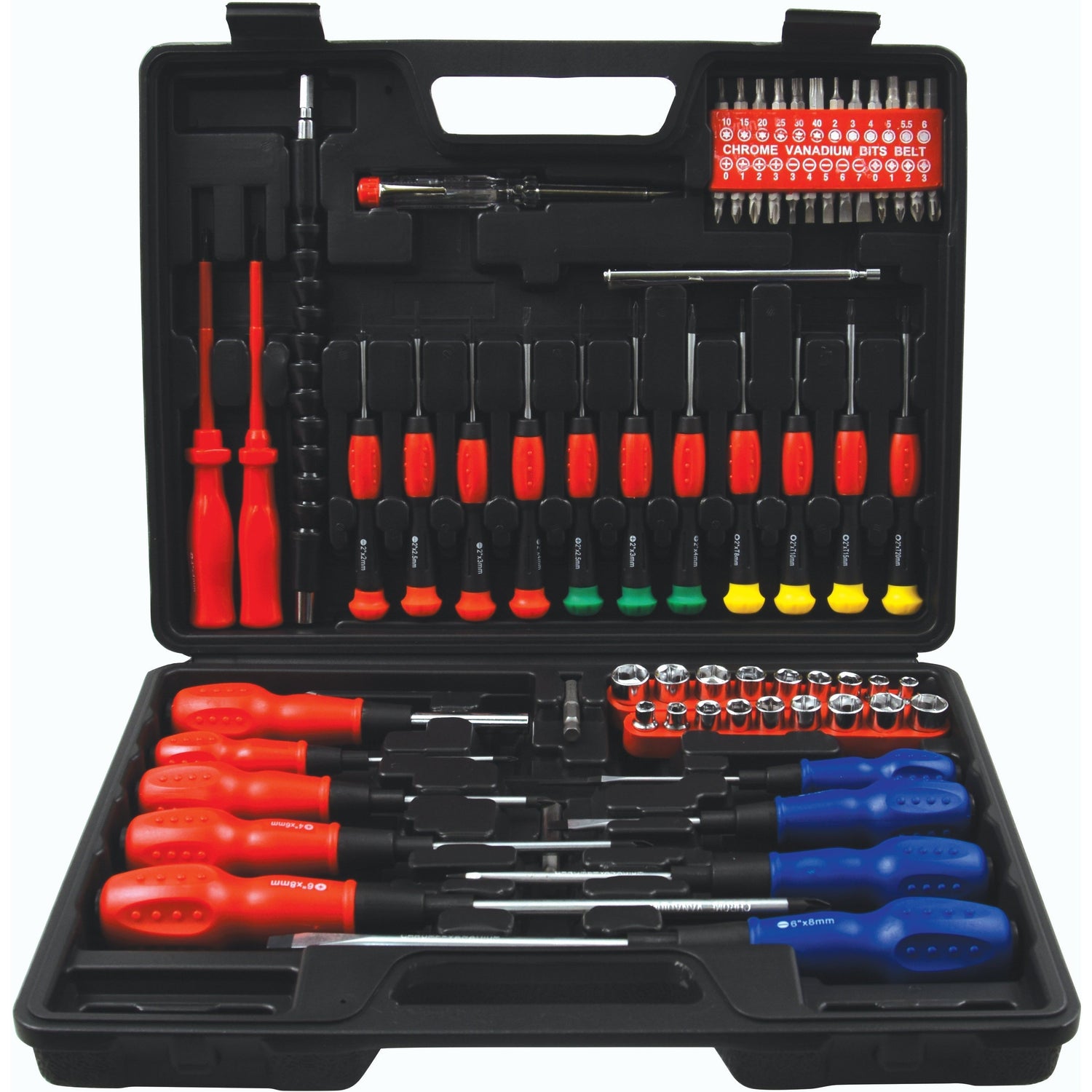 The Sparex Screwdriver Set (70 pcs.) - S.23314, featuring a black tool case, opens to reveal an assortment of precision screwdrivers, bits, sockets, and various hand tools with red and blue handles.
