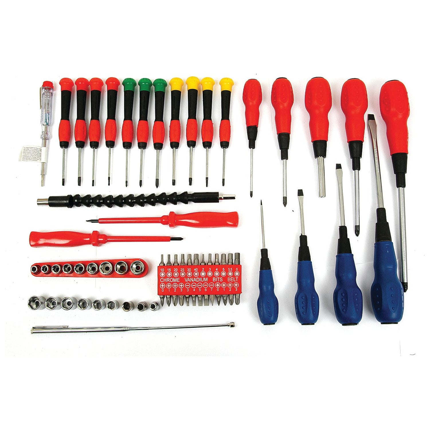 The Sparex Screwdriver Set (70 pcs.) - S.23314 includes a diverse range of screwdrivers, featuring precision screwdrivers with handles in red, yellow, green, and black. The set also contains additional tools such as a flexible extension, sockets, small interchangeable heads, and a crucial magnetic pick-up tool. All items are neatly arranged for easy access.