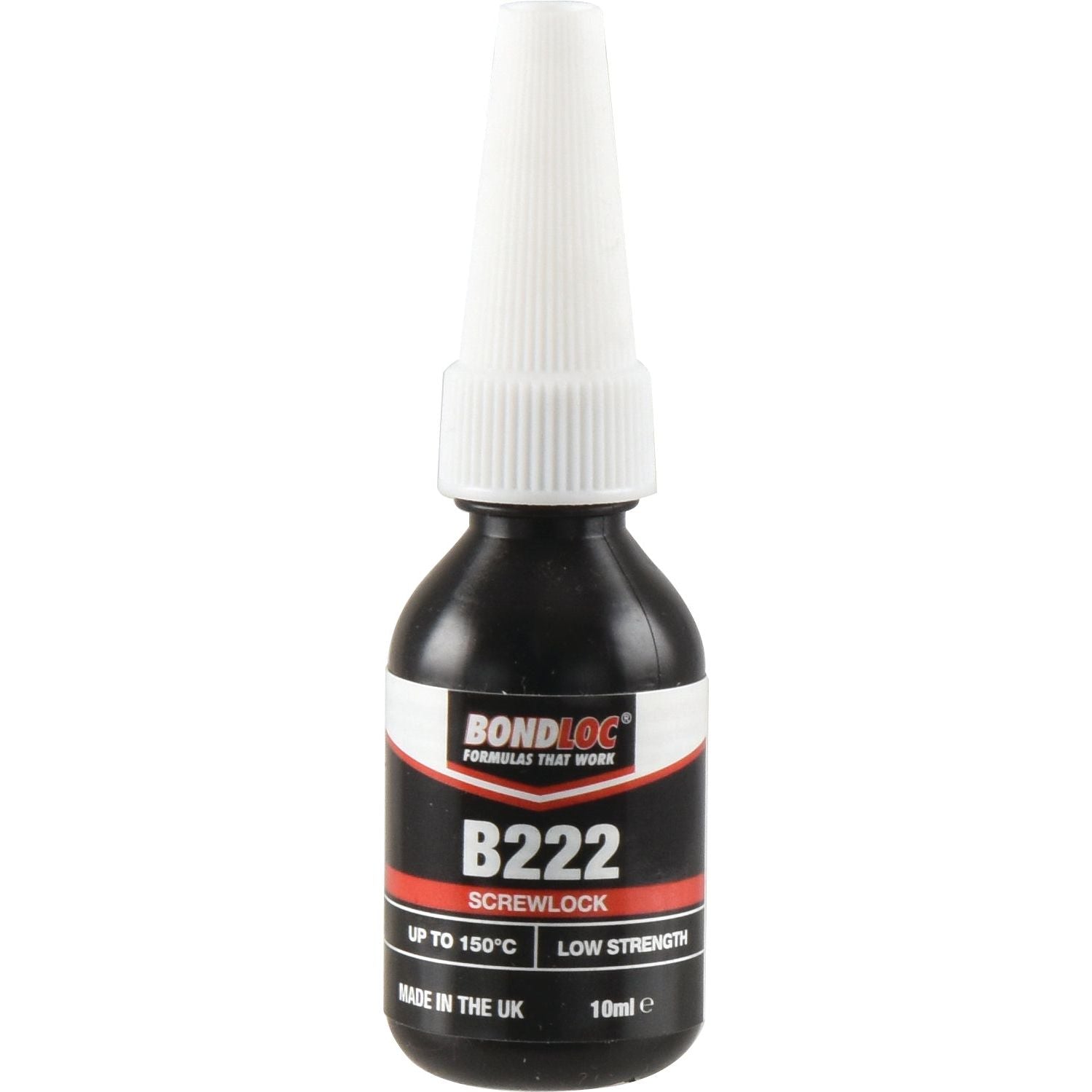 Sparex Screwlock B222 10ml (S.24070) is a low strength threadlocker designed for small fasteners, effective up to 150°C. The black bottle has a white cap and features a red, white, and black label. Made in the UK, it is ideal for easy disassembly applications.