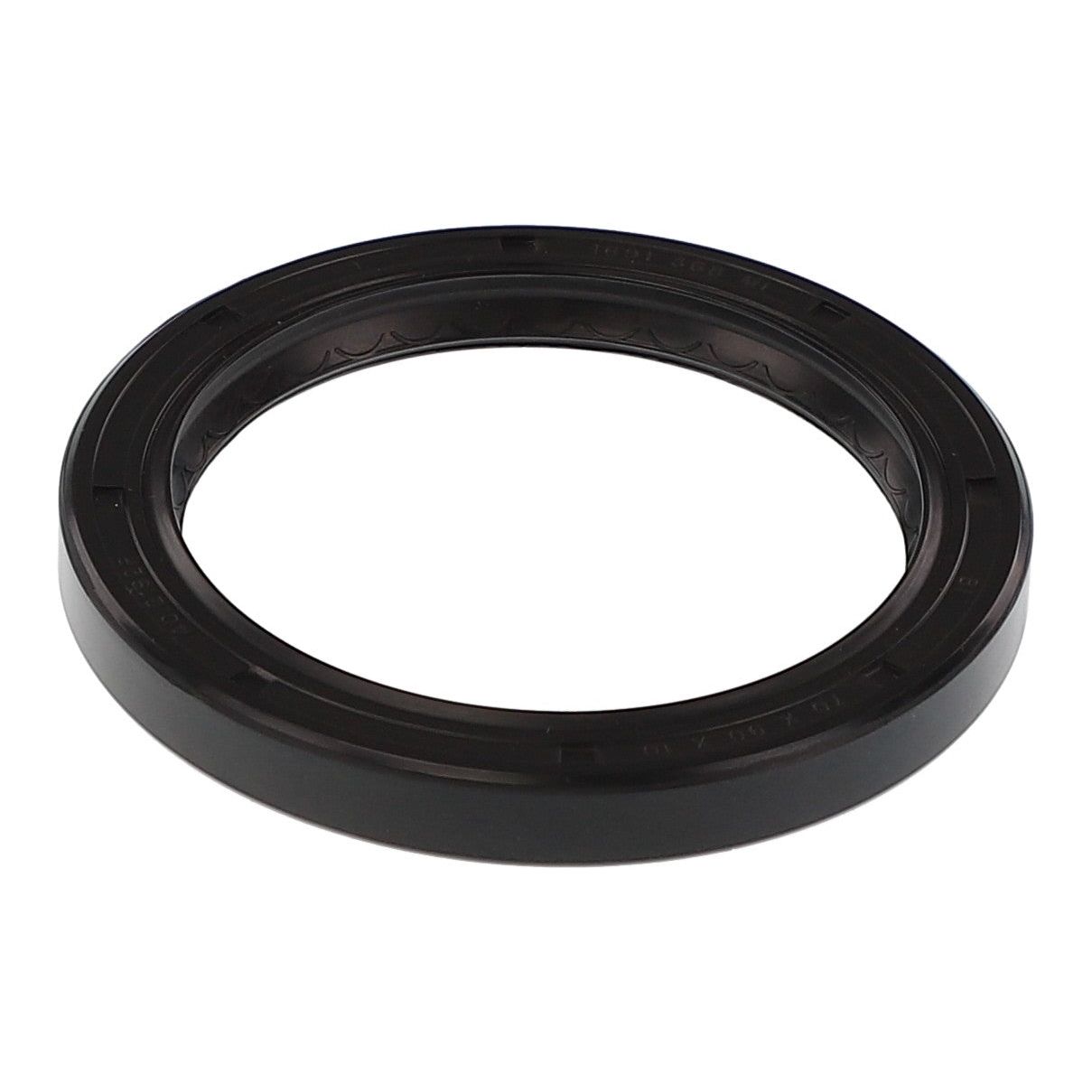 A black circular rubber oil seal with a flat surface and raised edges, the Massey Ferguson - Seal - 1691368M1 by AGCO is designed for use in machinery or automotive applications.