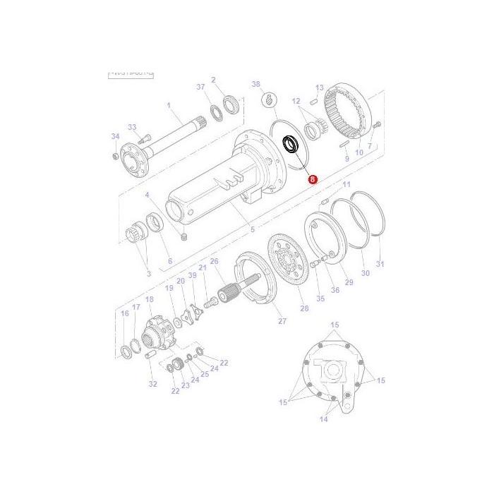 A technical diagram showcasing an exploded view of a mechanical assembly with numbered parts and components, including gears, shafts, and seals for a Massey Ferguson tractor by AGCO. The Massey Ferguson - Seal - 3014210X1 is highlighted with a red circle.