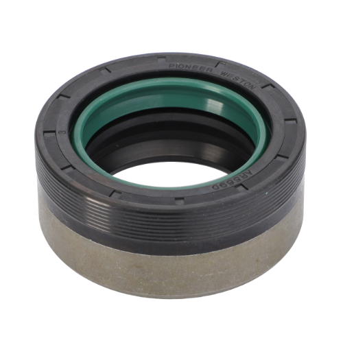 A circular metal seal with ridged edges and an inner rubber ring, in black and green from the AGCO Massey Ferguson 5400 Series (Part Number: 3785543M1), used in mechanical applications.