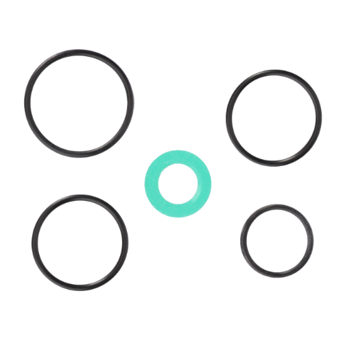 Five rubber gaskets, four black and one green, arranged in a circular pattern on a white background, reminiscent of the organized precision found in the AGCO Massey Ferguson- Seal Kit (1810805M92).