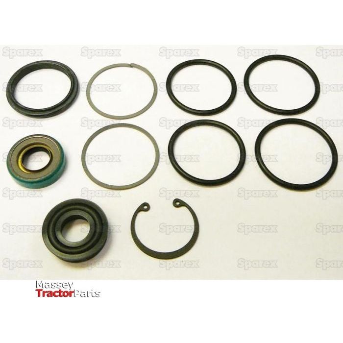 A collection of various circular tractor parts, including seals and rings, arranged on a white background, with the Massey Tractor Parts and Sparex logos visible. Among them is the Steering Cylinder Repair Kit (Sparex Part No. S.60666).