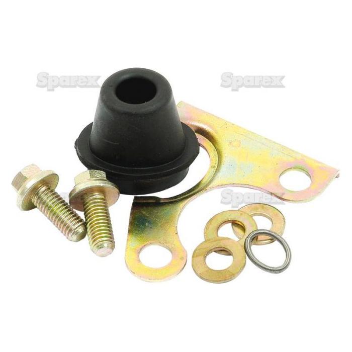 A metal bracket with a rubber bushing, two bolts, washers, and a lock washer, all meticulously arranged on a white background, reminiscent of parts from the Seal Kit | Sparex Part No.S.42178 by Sparex for a Challenger MT425B.