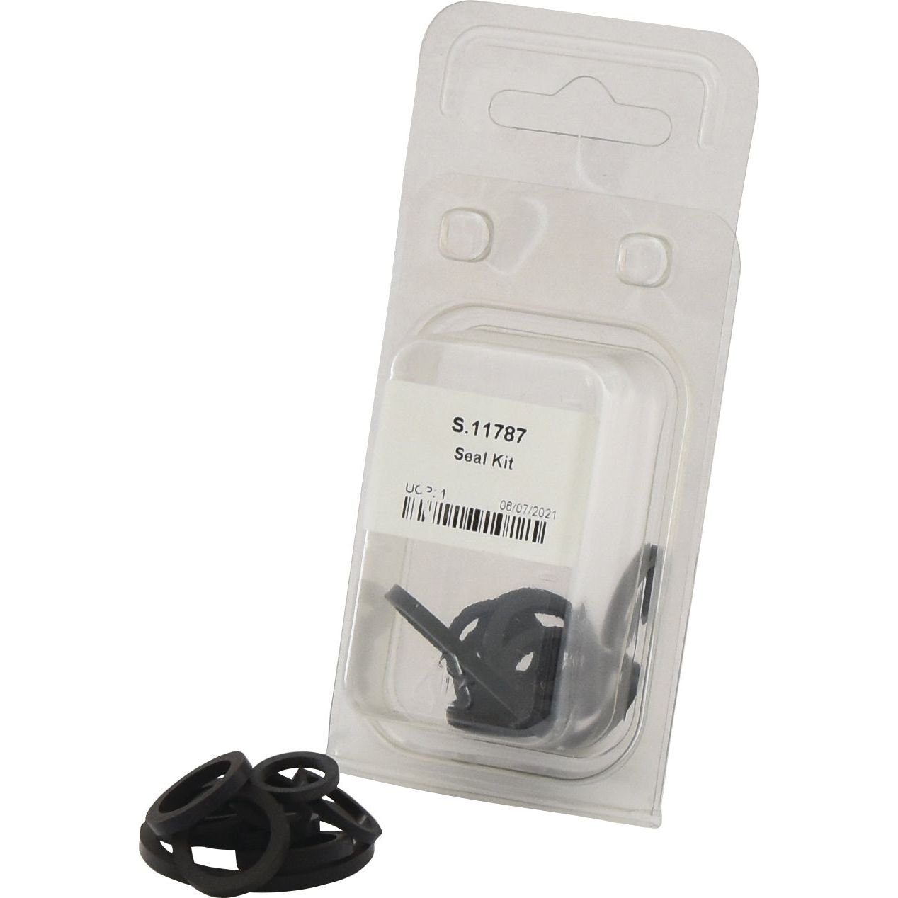 A transparent plastic package labeled "Seal Kit (Remote Control Block For A.S.C. Valve) | Sparex Part No.S.11787," containing several black rubber seals, some displayed outside the package, designed specifically for use in A.S.C. Valve systems on Ford/New Holland tractors by the brand Sparex.