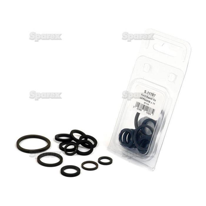 A clear plastic package containing various sizes of black rubber O-rings, with some O-rings displayed outside the package, ideal for maintenance of Ford/New Holland tractors. This is the Seal Kit (Remote Control Block For A.S.C. Valve) by Sparex, Part No. S.11787.