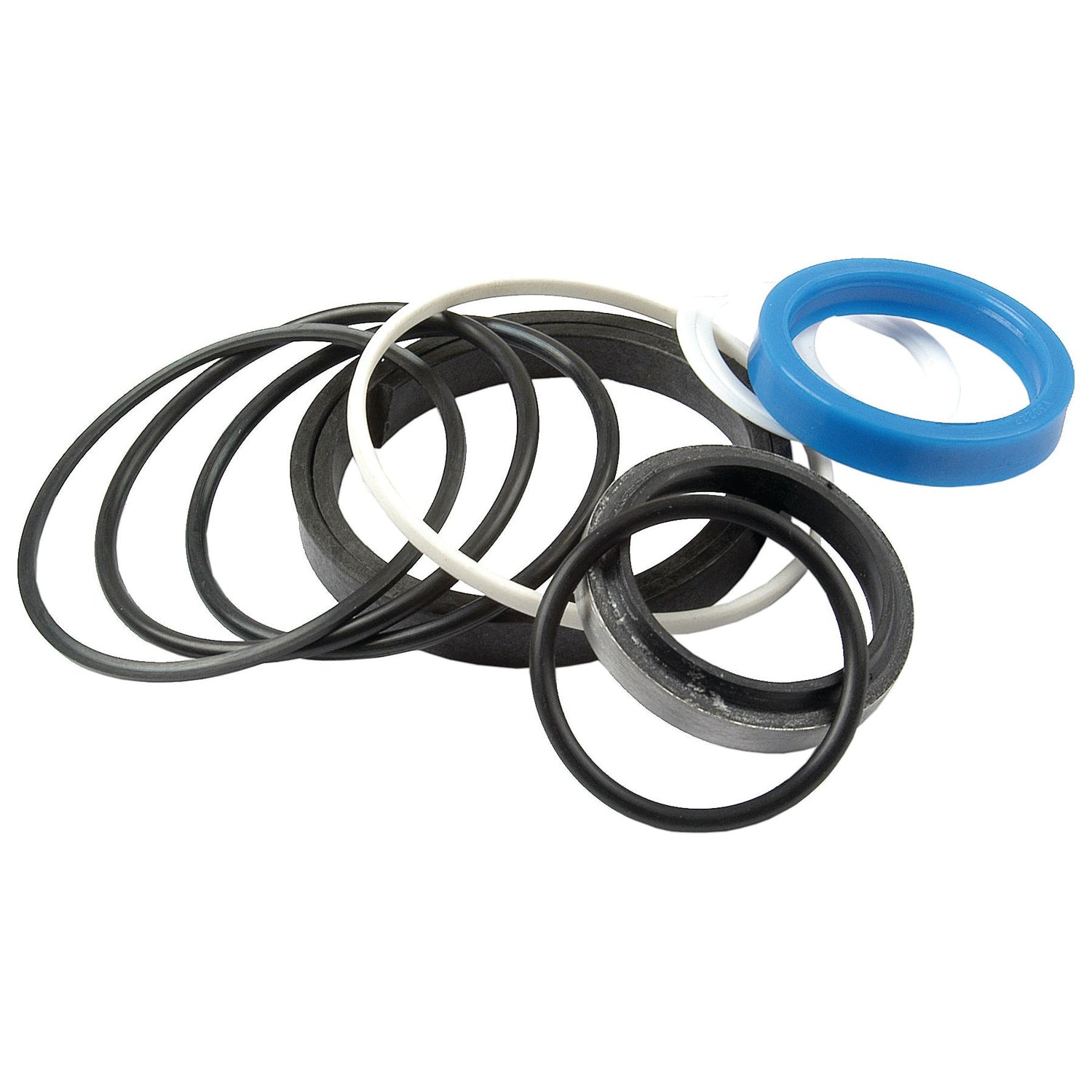 A collection of black, white, and blue rubber O-rings of various sizes arranged in a pile, ideal for maintenance of Stabiliser Rams on Massey Ferguson tractors can be found in the Sparex Seal Kit (Stabiliser Ram) with Part No. S.41284.