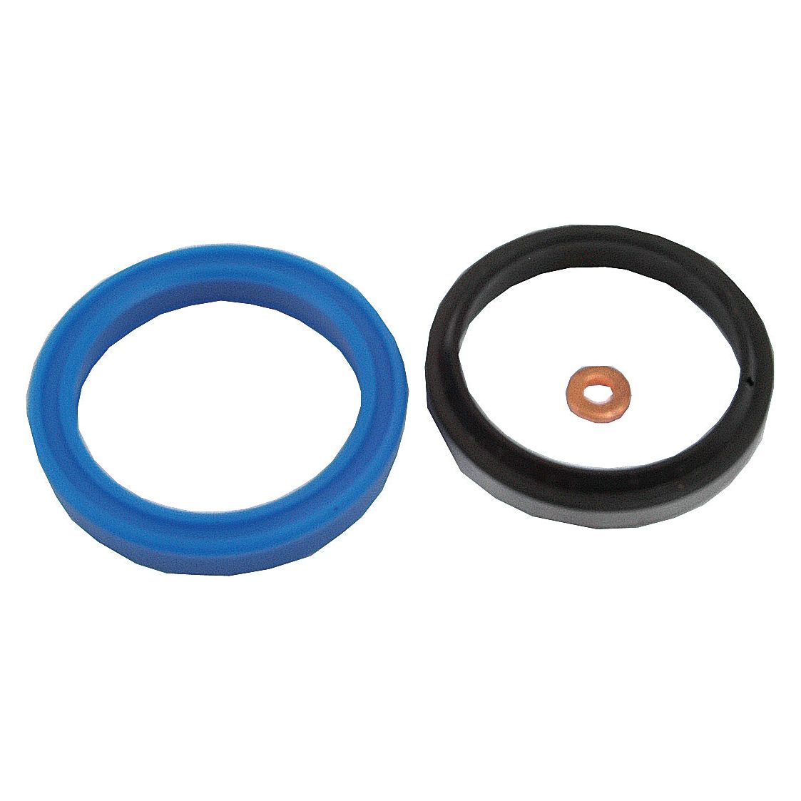 A blue rubber ring, a black rubber ring, and a small copper washer are displayed against a white background, resembling components that could be part of the Sparex Seal Kit (Power Steering Cylinder - 2WD) for a Massey Ferguson tractor.