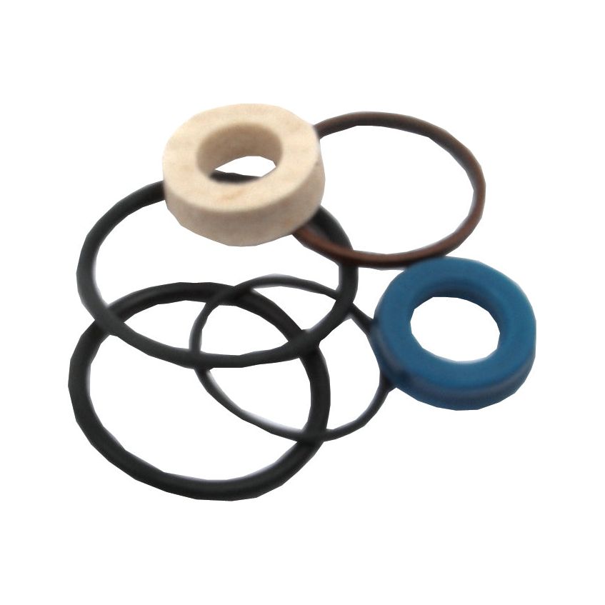 Displayed against a white background are various rubber and foam washers, including black rubber rings, a white foam washer, and a blue foam washer. These components are featured as part of the Seal Kit (Power Steering Cylinder - 2WD), Sparex Part No. S.42243 by Sparex, which could be essential for maintaining equipment like the Massey Ferguson Power Steering Cylinder.