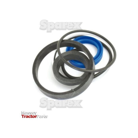 Numerous rubber and plastic seals and O-rings are arranged on a white surface. The image includes branding text 'Sparex' and mentions 'Massey Tractor Parts,' indicating components compatible with Massey Ferguson tractors, including the Seal Kit (Steering Cylinder - 4WD), Sparex Part No. S.42260.