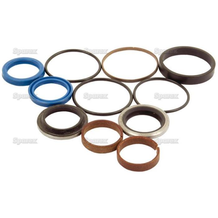 Various seals and o-rings from the Sparex Seal Kit (Steering Cylinder - 4WD), Part No. S.43344, for a Massey Ferguson steering cylinder are arranged on a white background, showcasing different colors, sizes, and materials.