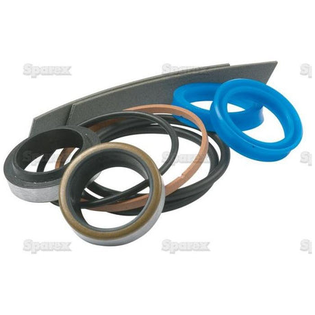 A collection of various mechanical seals from the Sparex Seal Kit (Sparex Part No. S.43431), including O-rings, gaskets, and metal-rimmed rings for models like Landini 5830 and Massey Ferguson 240, in different colors and sizes, arranged on a plain background.
