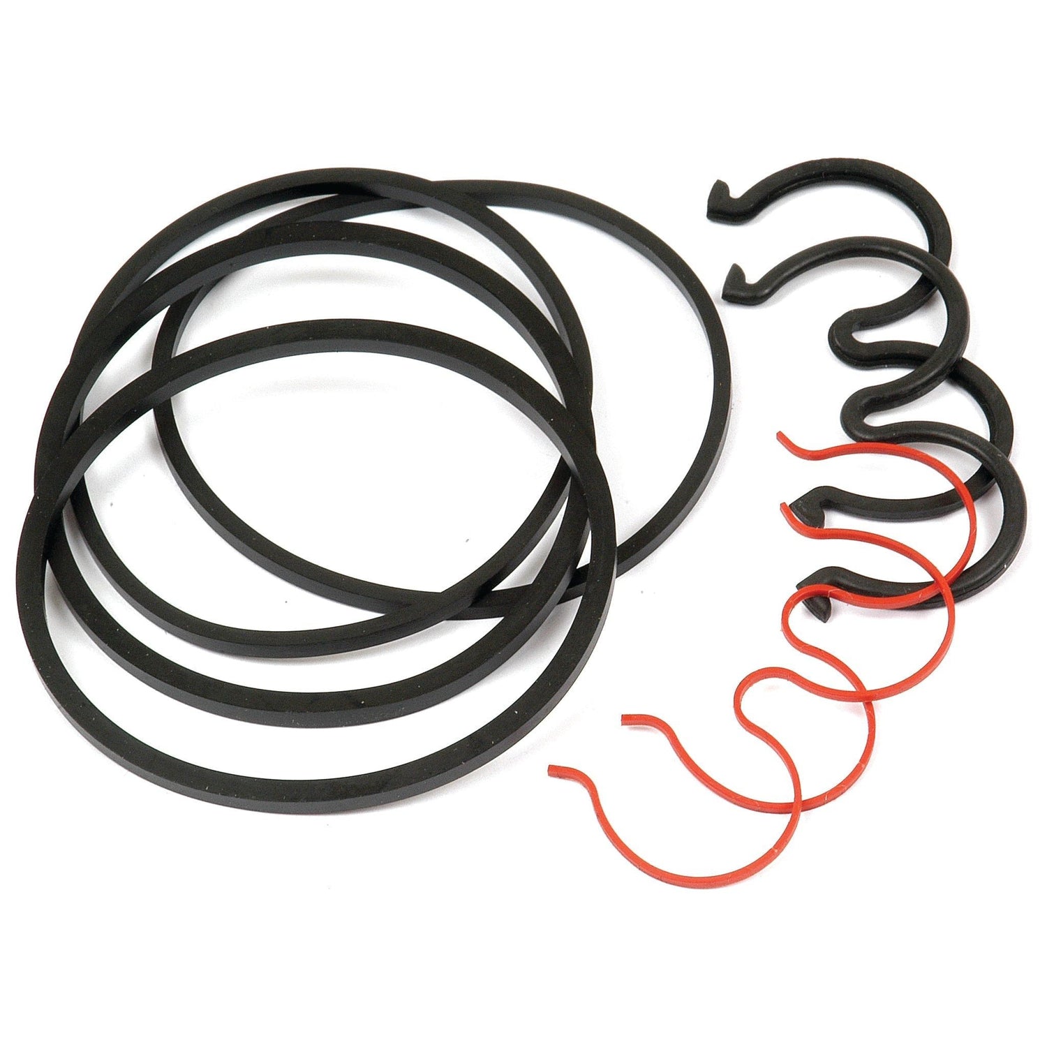 A collection of black rubber rings and red plastic hooks, designed as the Seal Kit | Sparex Part No. S.43532 for Case IH or International Harvester machinery by Sparex, arranged on a white background.