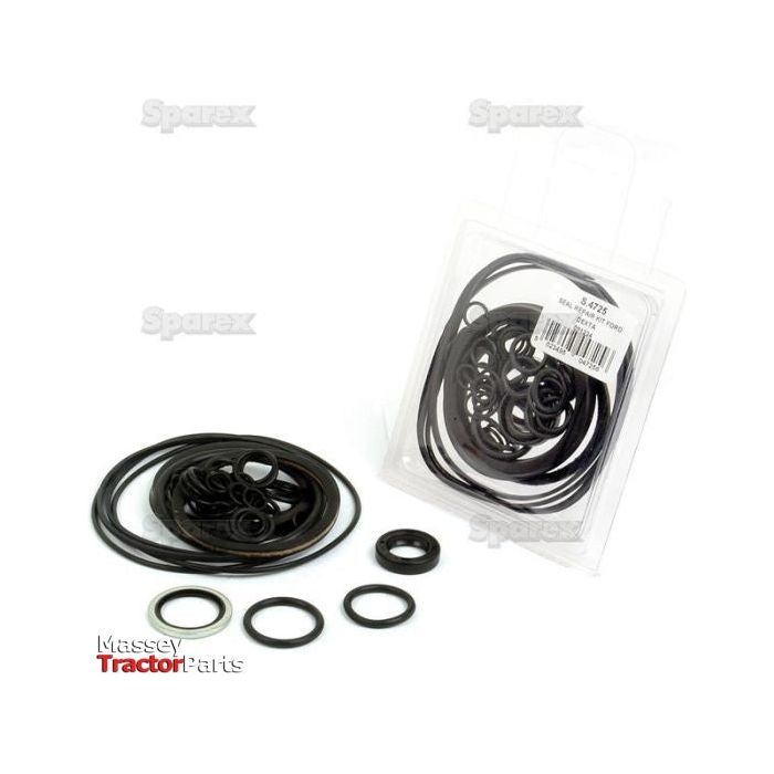 A set of rubber O-rings of various sizes displayed, with some arranged on a flat surface and others in a plastic package. Labeled "Sparex," "S.4725," and compatible as a Seal Kit (Lift Cover, Cylinder & Pump, S.66192, S.60580).