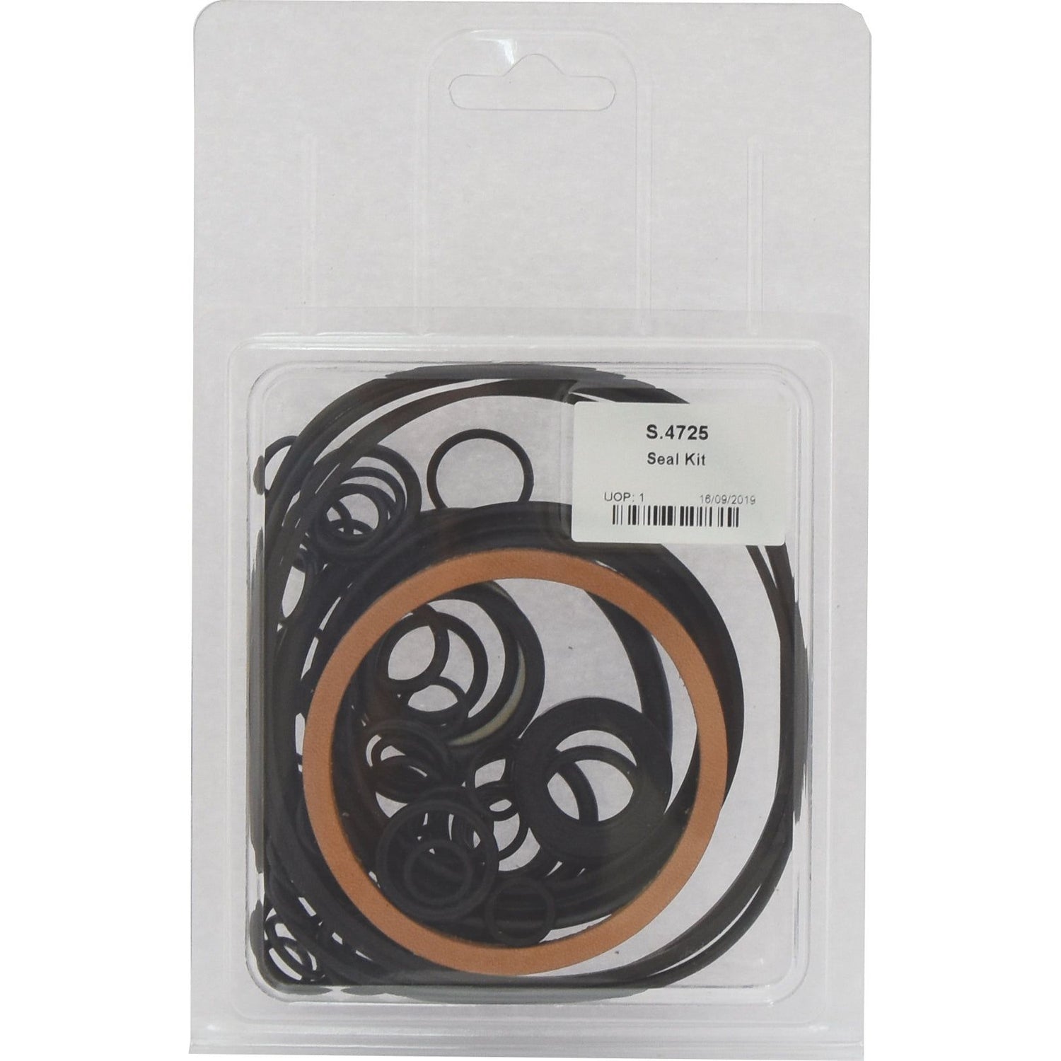 A packaged seal kit labeled "Seal Kit (Lift Cover, Cylinder & Pump. S.66192, S.60580) | Sparex Part No.S.4725," ideal for Cylinder & Pump maintenance, containing various sizes of rubber O-rings and seals compatible with Ford / New Holland machinery by Sparex.