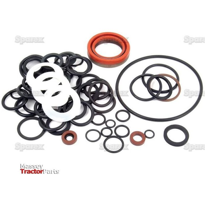 A collection of various-sized o-rings and seals in black, white, red, and brown hues is arranged on a white background. The image features the labels "Sparex," "Massey Tractor Parts," and "RE29107 John Deere Hydraulic Pump." This is the O'Ring Kit by Sparex, Part No. S.52766.