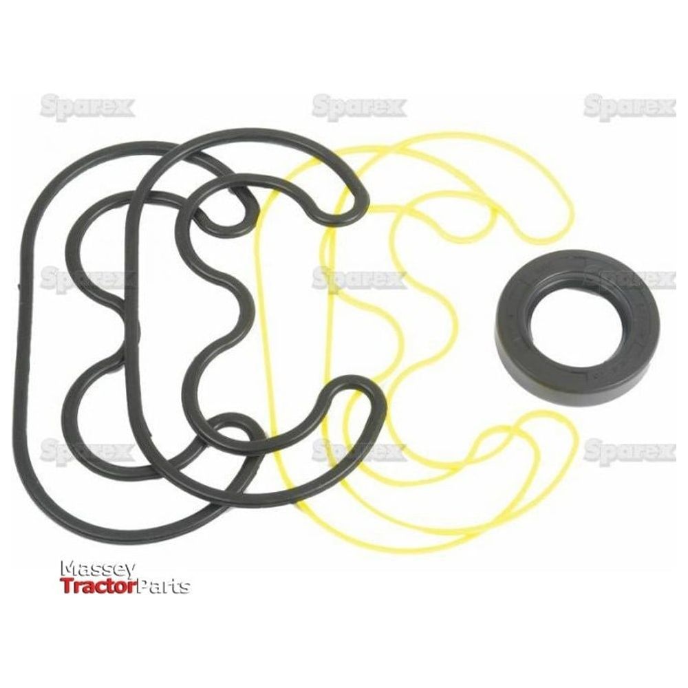 Assorted black and yellow rubber seals and gaskets from a Sparex Seal Kit (Sparex Part No. S.57310), including a black ring-shaped seal, displayed against a white background. "Massey Tractor Parts" logo in the bottom-left corner.
