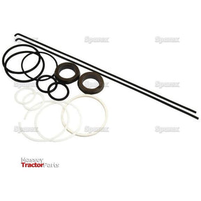 Assortment of black and white rubber O-rings, seals, and rods displayed on a white background, ideal for a Sparex Seal Kit (Hydraulic Cylinder) - Part No. S.57842.