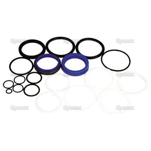 A meticulously arranged Seal Kit (Side Steering Cylinder), featuring variously sized and colored rubber O-rings suitable for applications like the Side Steering Cylinder on David Brown tractors, is displayed on a white surface. This product is known under Sparex Part No.S.57950 by the brand Sparex.