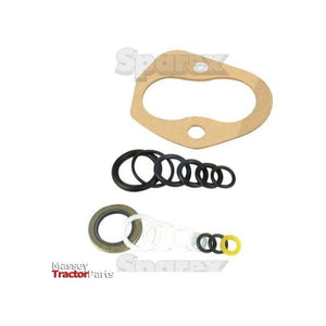 A set of gaskets and seals of various sizes arranged in a line, with a cardboard gasket at the top and rubber and metal seals below. The text "Sparex" is visible at the bottom left, alongside mentions of David Brown and Case IH. This is the Seal Kit | Sparex Part No.S.57974.