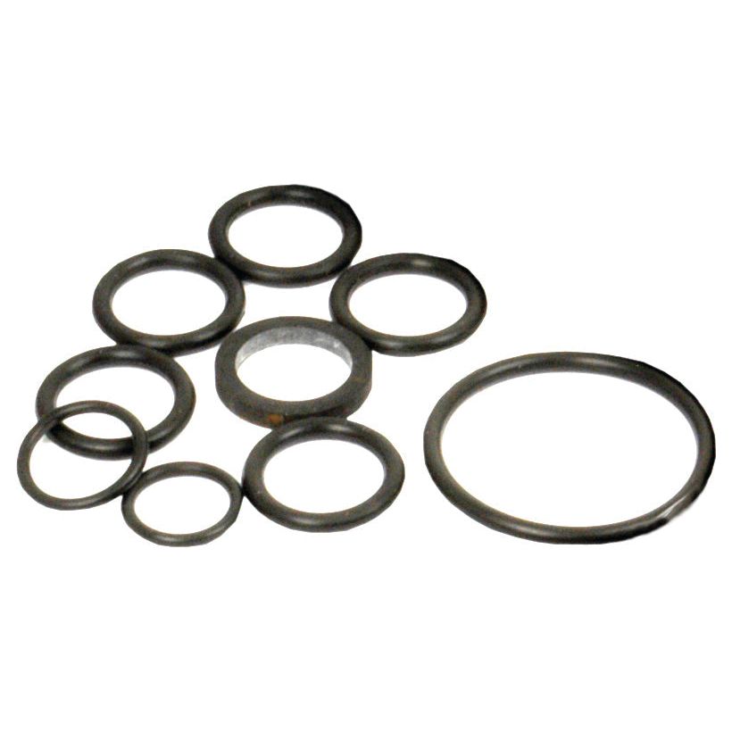 A set of nine black rubber O-rings of varying sizes arranged on a white background, perfect for the Sparex Seal Kit (Part No. S.58774) compatible with various Ford New Holland tractor models.