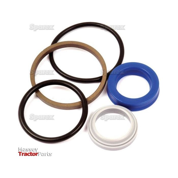 A set of five assorted O-rings and seals in various sizes and colors, including black, brown, blue, and white, arranged on a white background with the "Massey Tractor Parts" logo in the corner. This Seal Kit (Steering Cylinder), Sparex Part No.S.65088 from Sparex is perfect for maintaining your Farmall or Case IH steering cylinder.