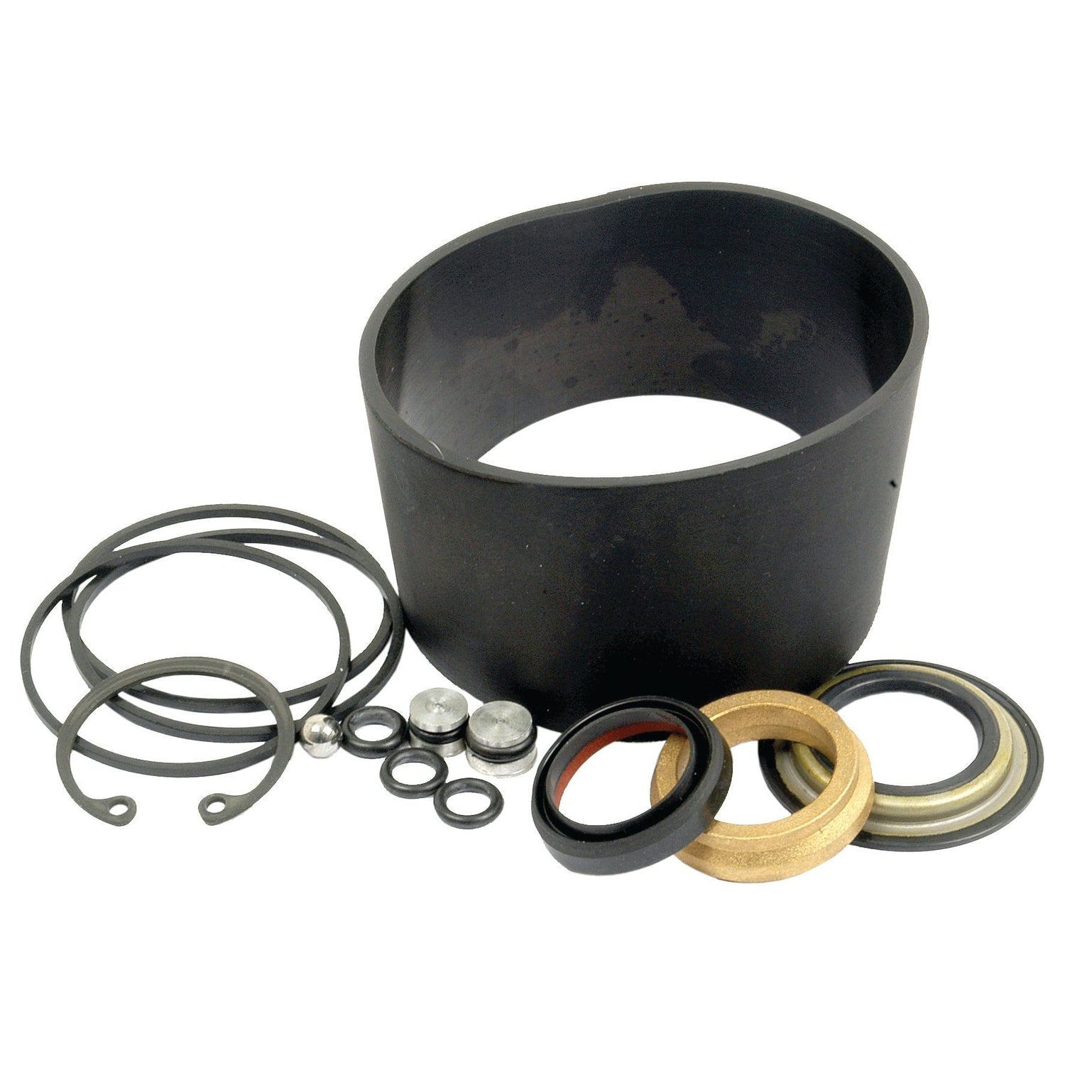 The Sparex Seal Kit (Part No. S.67429) boasts a meticulously organized assortment of rubber and metal seals, rings, and components centered around a black cylindrical piece—perfect for Ford New Holland or Case IH machinery.