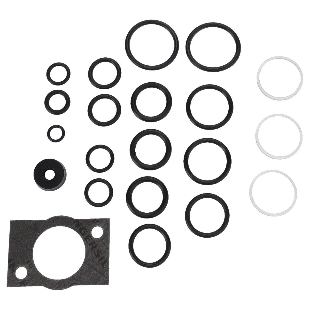 The AGCO Massey Ferguson Seal Kit for Valve Repair (part number 3102155M91), featuring a collection of various-sized black O-rings and gaskets that include genuine high-performance o-ring seals, is arranged on a white background.