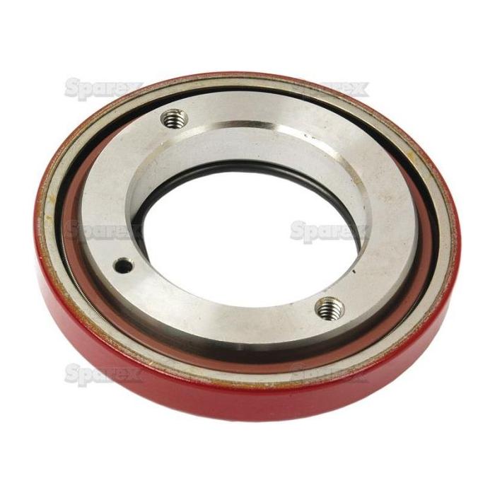 A Seal Kit (Front Crankshaft) from Sparex, part number S.57672, which features a metallic circular bearing with a red outer ring and two screw holes, is often used in Front Crankshaft assemblies for Case IH machinery.