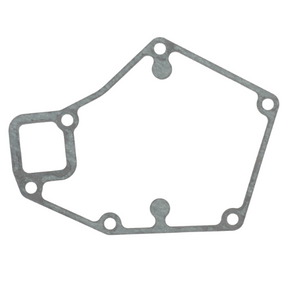 A uniquely shaped metal gasket with multiple bolt holes and cutouts, designed for sealing joints in machinery or engines, is ideal for Fendt models. This product is known as the Fendt - Seal Water Pump (F824200610030) by AGCO.