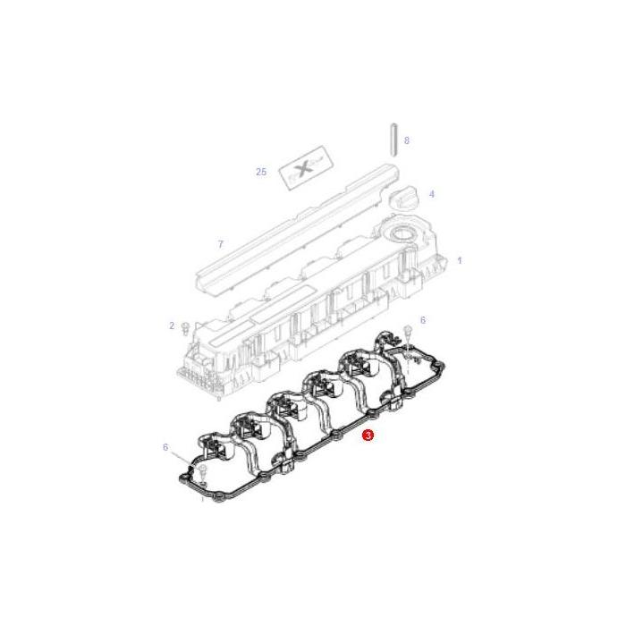 Diagram of a mechanical component assembly featuring multiple numbered parts, including an AGCO gasket highlighted with a red dot, designed to meet high-performance demands, like those of the Fendt Vario S4. Specifically, the Fendt Seal with Integral Injector Cable (F836200210010 - F836200210550).