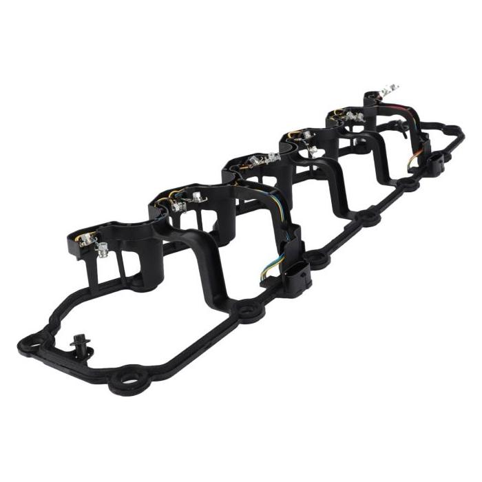 The AGCO Fendt - Seal with Integral Injector Cable (F836200210010 - F836200210550), a black plastic fuel injector rail complete with attached wirings and connectors, featuring genuine seals for high-performance demands, is displayed against a white background.