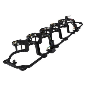 The AGCO Fendt - Seal with Integral Injector Cable (F836200210010 - F836200210550), a black plastic fuel injector rail complete with attached wirings and connectors, featuring genuine seals for high-performance demands, is displayed against a white background.