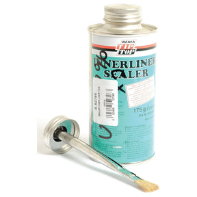A cylindrical can of Sparex Sealer Inner Liner (175g) - S.52796, featuring a teal-green label and a brush attached to the lid for application, sits open with the lid and brush resting beside it. This sealer effectively seals porosity, ensuring your repair unit is reliable and durable.