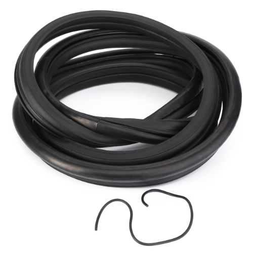 A coiled black rubber seal, AGCO's Massey Ferguson - Sealing Profile - H481810040310, accompanied by a smaller separated piece placed in front.