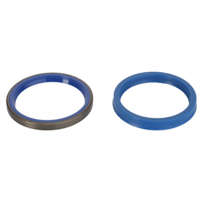 Two circular rings, one with a blue inner lining and a metal exterior, the other entirely blue, are placed side by side on a plain white background. These elements combine to resemble the iconic colors of the AGCO Massey Ferguson Seals Kit 1607006M91.