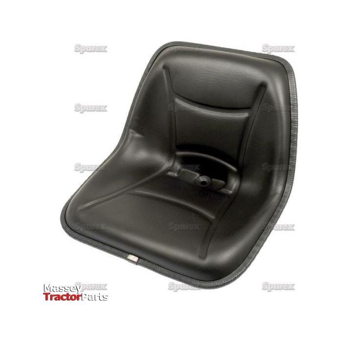 The Sparex Seat Assembly - S.2112, a black vinyl seat cushion designed for Massey Ferguson tractors, features a contoured design with visible stitching and includes a universal mount compatible with John Deere models. The product is displayed against a white background.